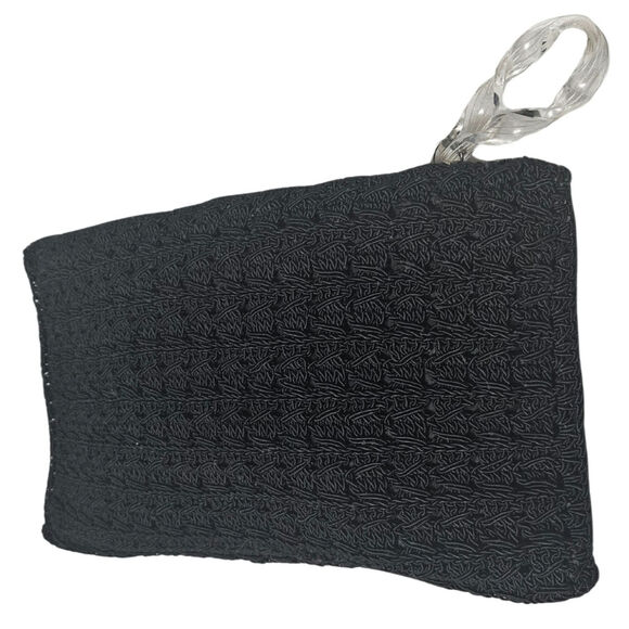 1940s Maxi Clutch Bag Large Black Crocheted Cord Vintage Lucite Toggle by Conmar - Picture 1 of 8